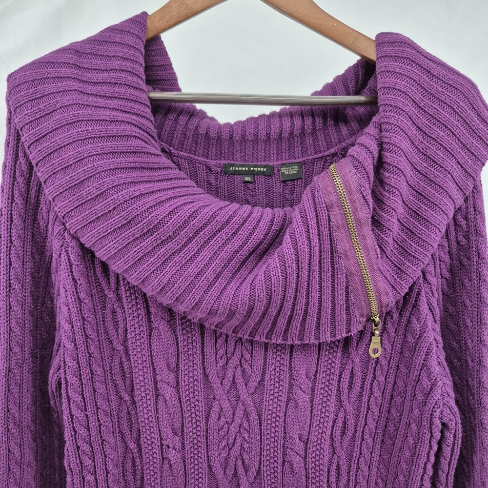 Jeanne Pierre Cable Knit Long Sweater‎ Zip Cowl Neck Size XL Purple Cozy Chic
